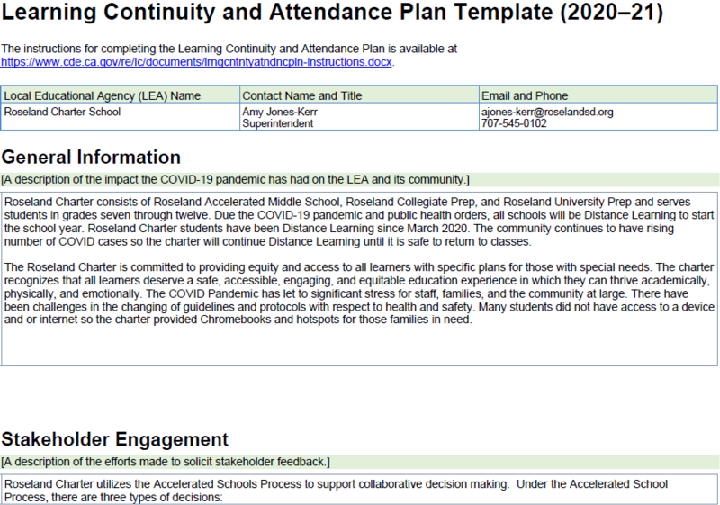 2020-21 Roseland Charter Learning Continuity and Attendance Plan